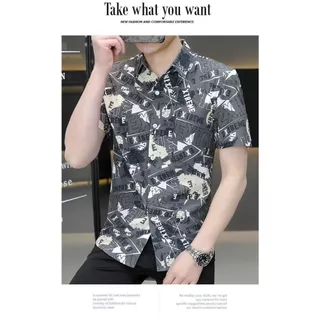 เสื้อดำคอปก เสื้อเชิ้ตแขนสั้นผู้ชาย พิมพ์ลาย 100% Polyester Dimension M-3XL