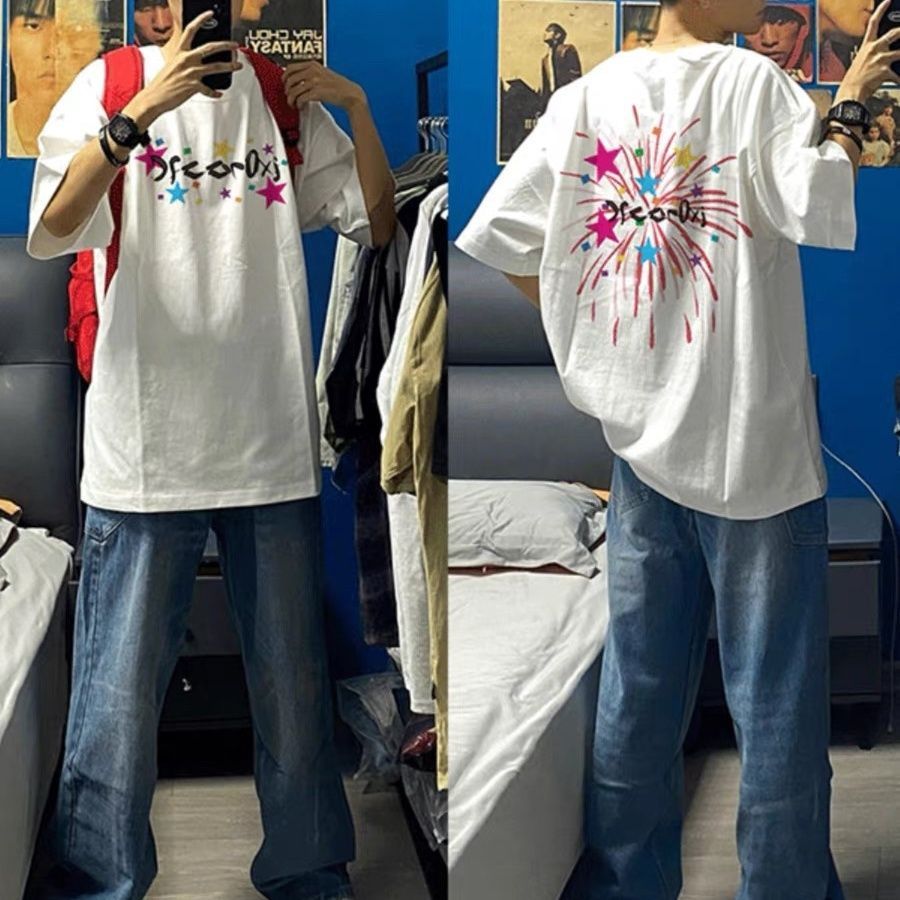 เกาหลีเกาหลี2026อเมริกันสีขาวผ้าฝ้ายแท้แขนสั้นเสื้อยืดผู้ชายฤดูร้อนขนาดใหญ่เกินไปผู้ชายรอบคอหลวมสบาย