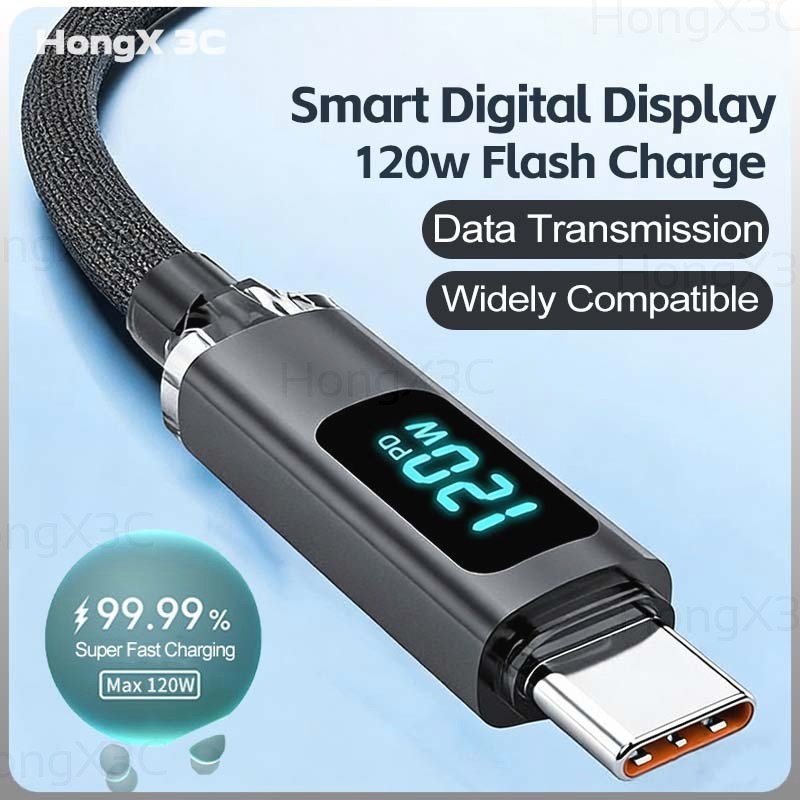 Universal USB/USB-C ถึง Type C 6A สายชาร์จโทรศัพท์พร้อมจอแสดงผลดิจิตอล LED 120W สายชาร์จข้อมูลเร็วสุดทอไนลอนสายไฟในรถยนต์