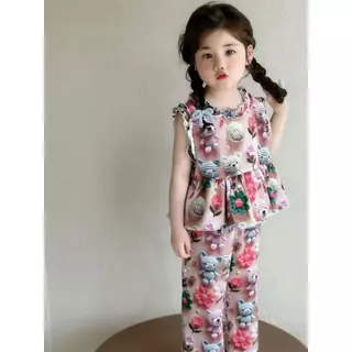 DY06 [รุ่นใหม่ ] ชุดเด็กผู้หญิงฤดูร้อน เสื้อกล้าม+กางเกงขายาว ลายดอกไม้หมีน้อย น่ารักสดใส ผ้าบางเบา