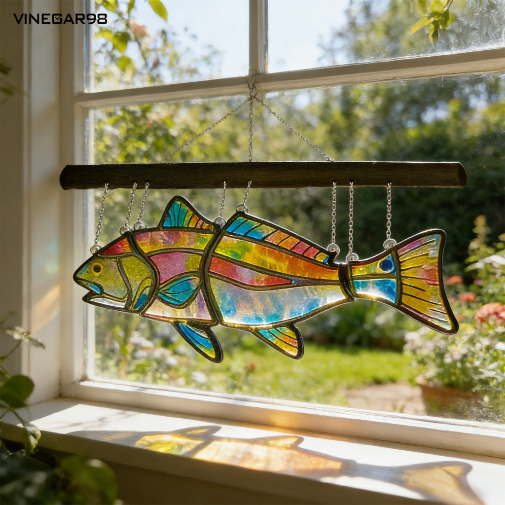 VINE ปลาในร่มตกแต่งปลาที่มีสีสัน Suncatcher หน้าต่างแขวนแผง Stained Glass สไตล์ Wind Chimes พร้อมโซ่