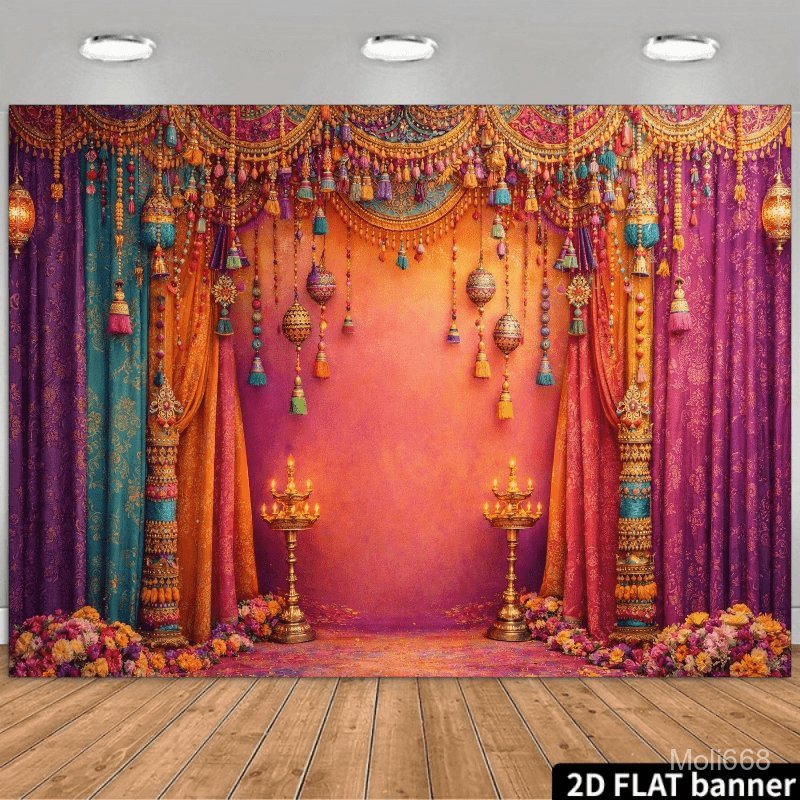 2D Flat Colorful Small Umbrella Themed Backdrop. The Center of the Image Features a Magenta Backgrou