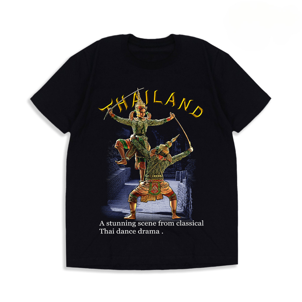 เสื้อยืดไทยแลนด์ ลายโขนไทย คลาสสิก สีดำ คอตตอน 100% สไตล์วัฒนธรรมไทย สำหรับผู้ชาย/ผู้หญิง