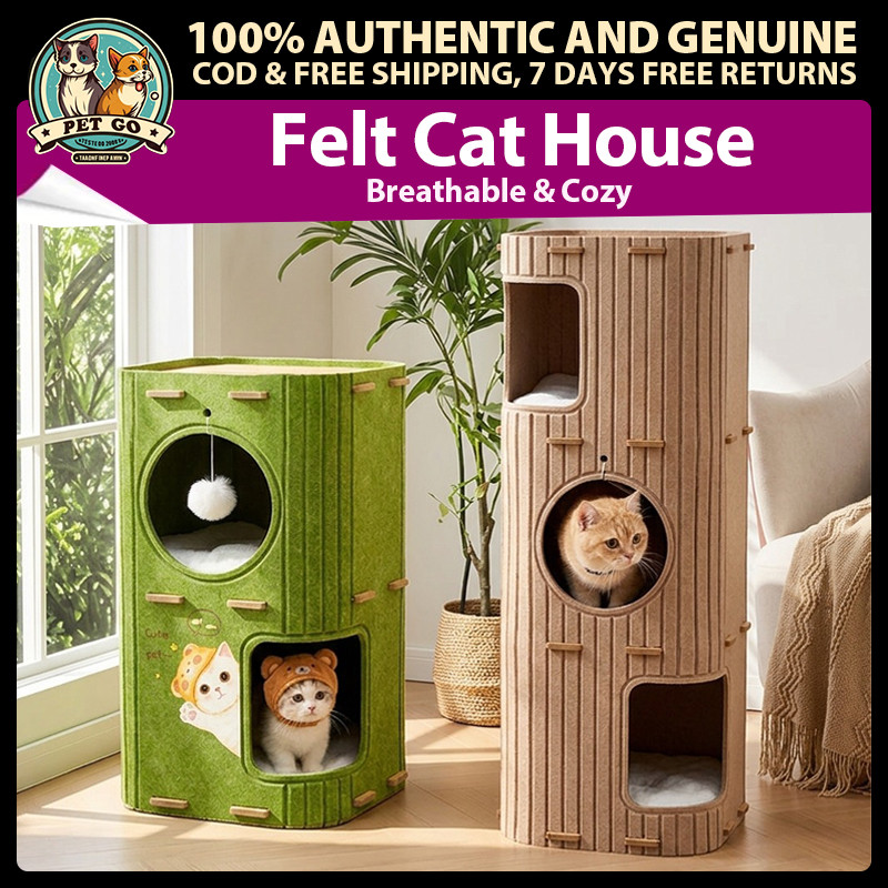 Multi-Level Felt Cat House & Scratcher 3 ชั้น Enclosed Cat Cave All-Season Breathable Hideout สําหรับ Multi-Cat Homes