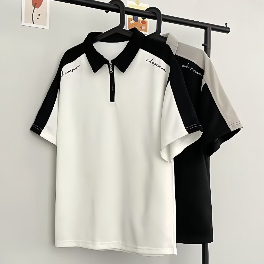 Chaistyle เสื้อโปโลผู้ชาย แบบหลวม ซิปครึ่ง สีตัดกัน สไตล์วิทยาลัย