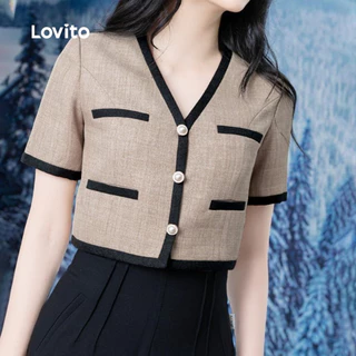 Lovito เสื้อเบลาส์ผู้หญิงสไตล์เรียบหรู คอนทราสต์บีนดิ้ง กระเป๋าปลอม เหมาะสําหรับฤดูใบไม้ผลิ/ฤดูร้อน L183ED1024