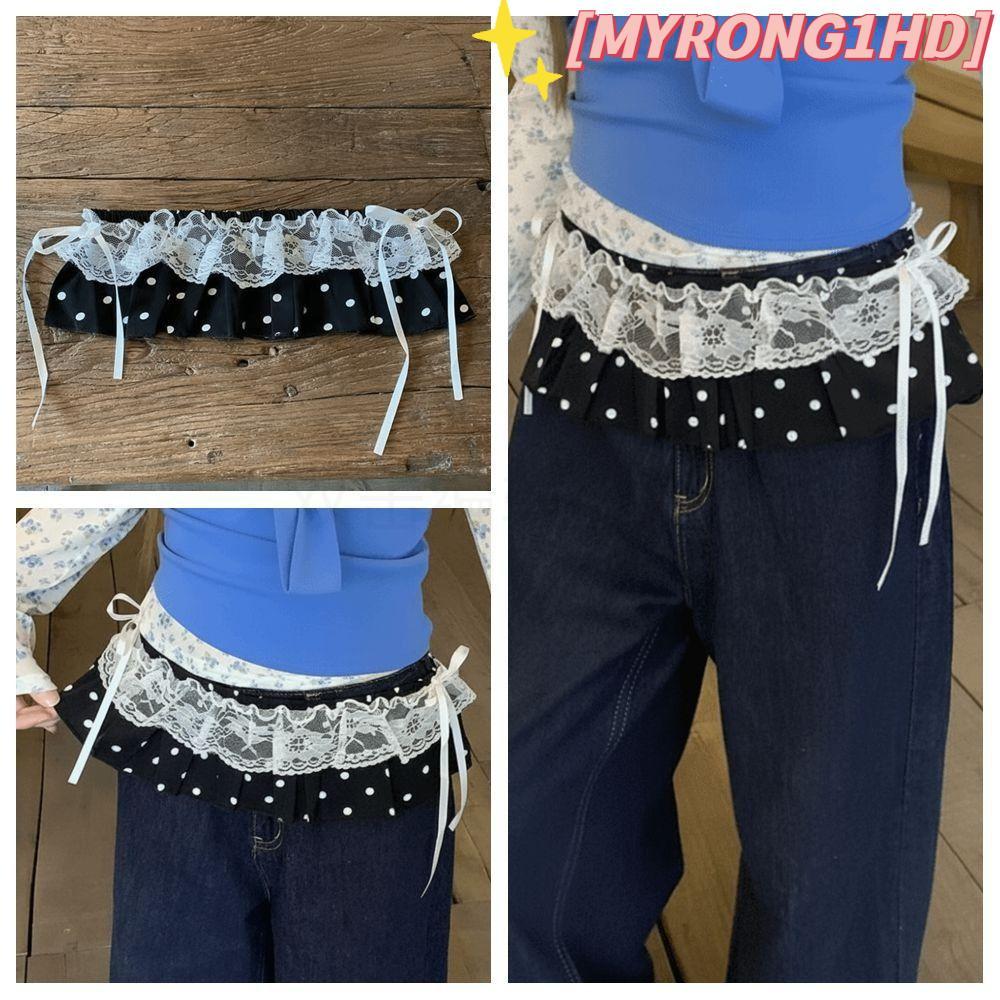 MYRONG1HD Lace Up Ruffles กระโปรง, Y2K Streetwear ปักดอกไม้ลูกไม้กระโปรงมินิ,ดูผ่าน Harajuku Ruched 