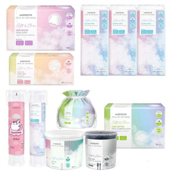 Watsons Soft & Clean Square Puffs Face Cotton 240 ชิ้น / Cotton Buds 300s / Black Cotton Buds 200s