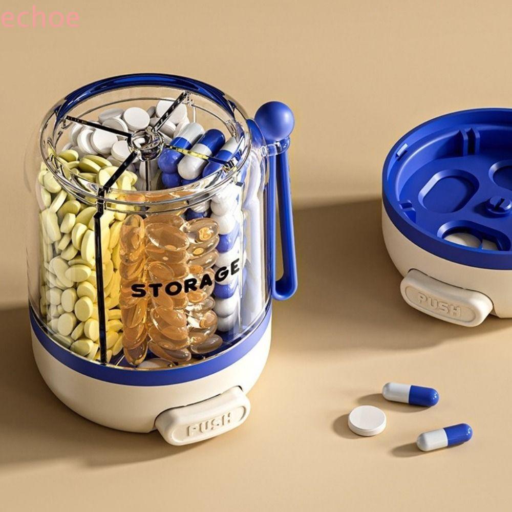 ECHOEDGE 4 กริด Pill Organizer,ขนาดใหญ่ความจุหมุนยาคอนเทนเนอร์,พลาสติกเกรดอาหารที่ถอดออกได้ Anti-Mixing Partition วิตามินกล่องเก็บแท็บเล็ต