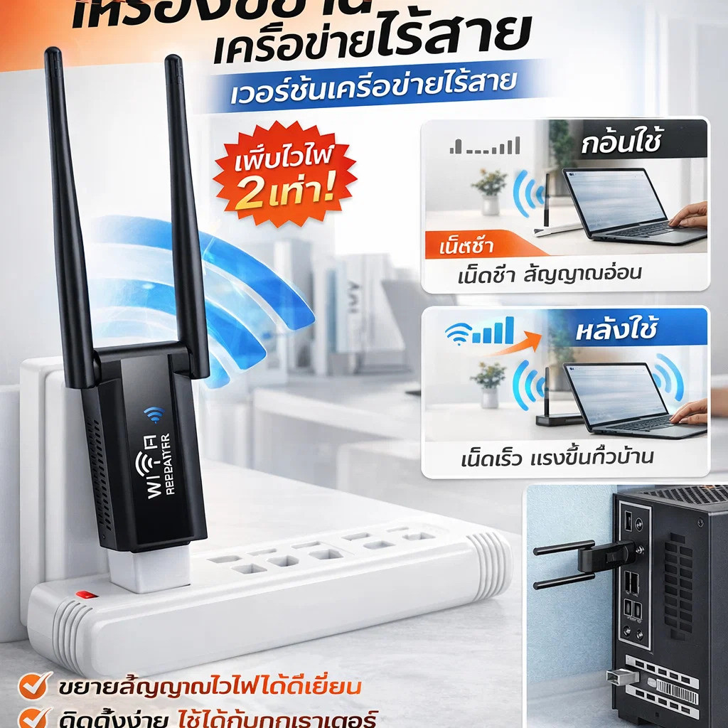 【ขยายสัญญาณ WiFi ทุกมุมบ้าน】 ตัวขยายสัญญาณ WiFi เพิ่มความแรงสัญญาณ ตัวขยายสัญญาณ WiFi/WiFi Extender/
