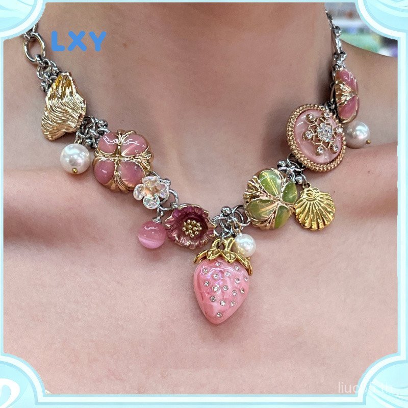 LXY เกินจริง Punk สไตล์สตรอเบอร์รี่จี้สร้อยคอประณีต All-Match High-End เฉพาะโลหะ Shell Clavicle Chain สร้อยคอ,อุปกรณ์เสริม