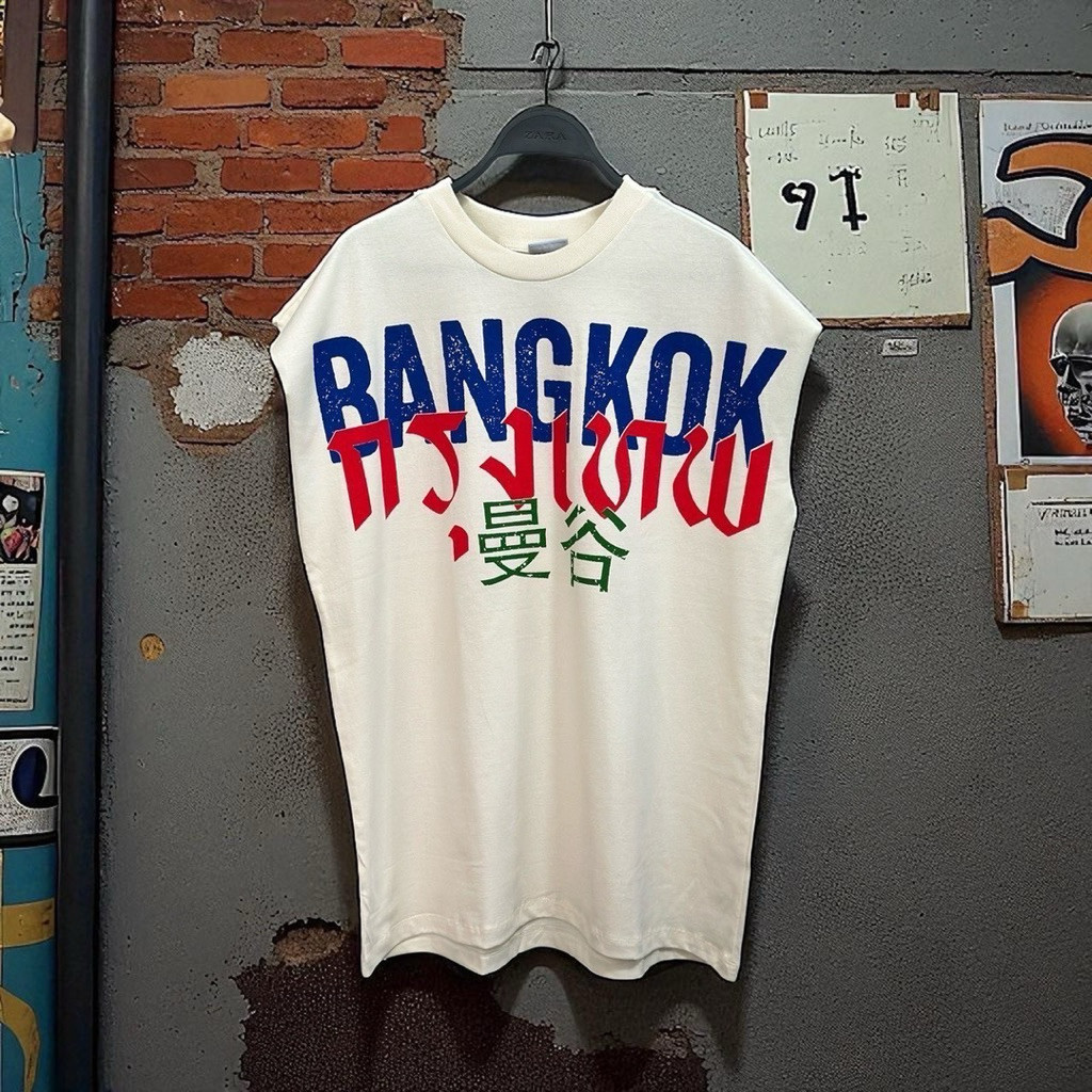 BANGKOK เสื้อกั๊กแขนกุดสีขาว ผ้าฝ้าย100% คอกลม แฟชันสตรีท มีบุคลิก สำหรับผู้ชายผู้หญิง ขนาด S-3XL