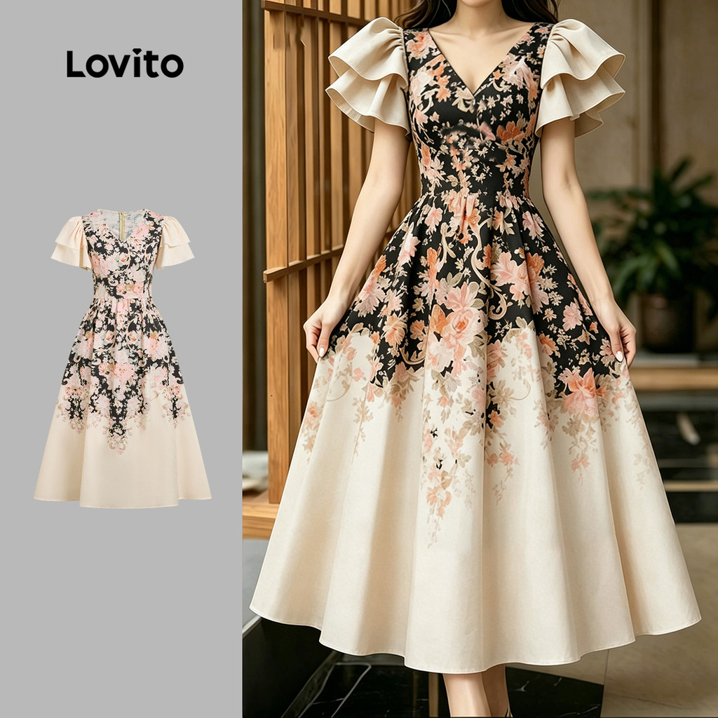 BR35-MAY26-D-2-V คอ Double-Layer Ruffle Sleeve ตําแหน่งพิมพ์ Dress-DRB35BR058