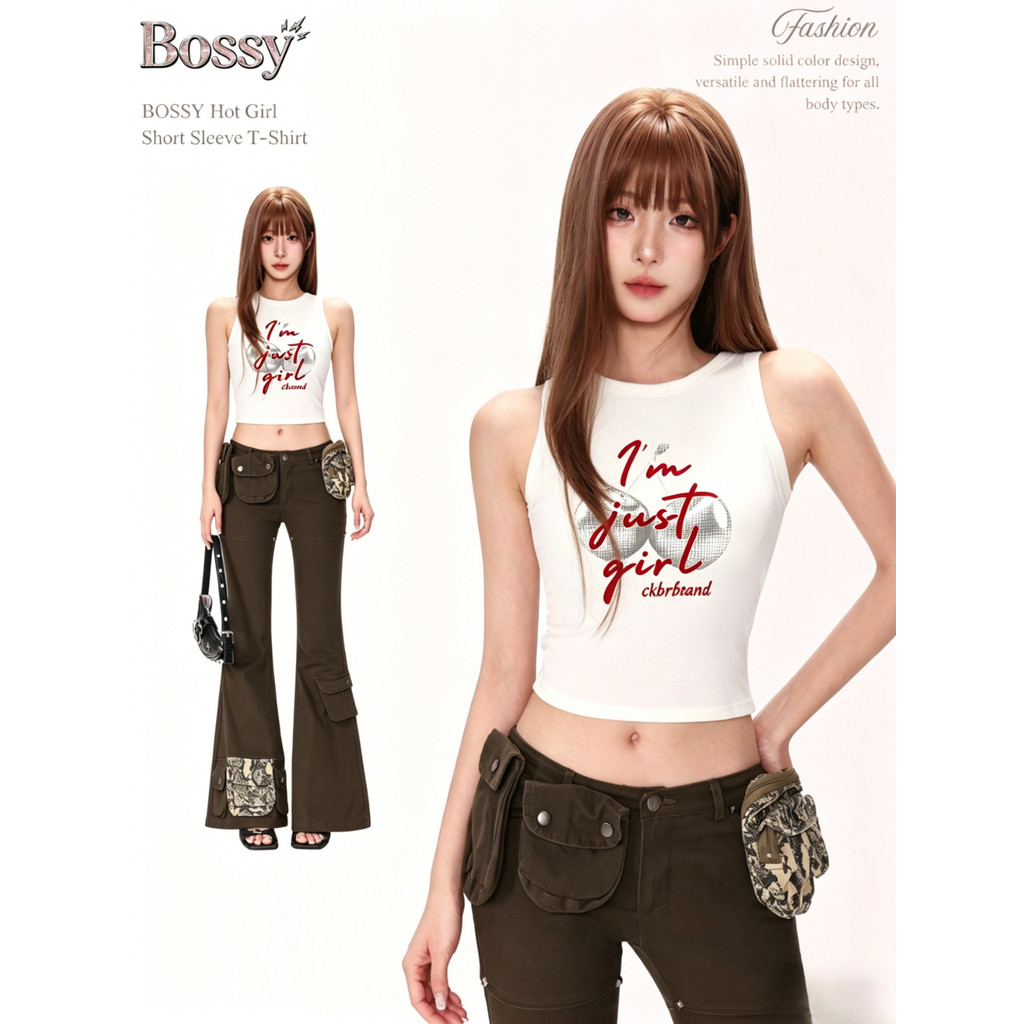 BOSSY เสื้อกล้ามผู้หญิงลายเชอร์รี่และตัวอักษรสไตล์อเมริกันวินเทจ ทรงเซ็กซี่ ผ้าฝ้าย 100%#C+1896
