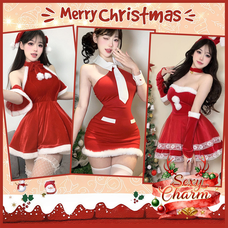 Sexy Charm😀😀กระโปรงสั้น Red uniform Christmas outfits ลูกไม้ หลายแบบ คริสต์มาส ปีใหม่