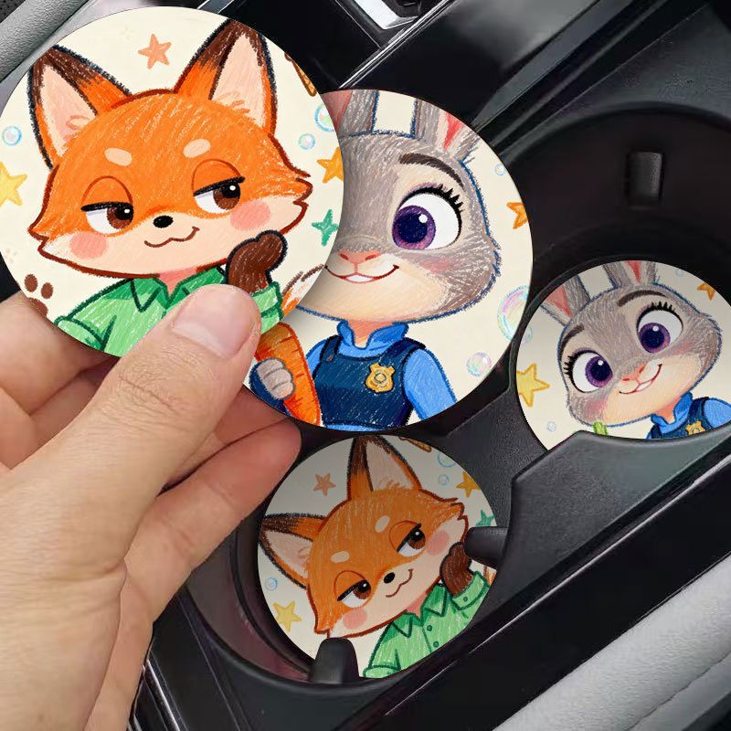 น่ารัก Zootopia Judy & Nick Car Coaster Car Cup Slot Storage Mat อุปกรณ์ตกแต่งภายในรถยนต์