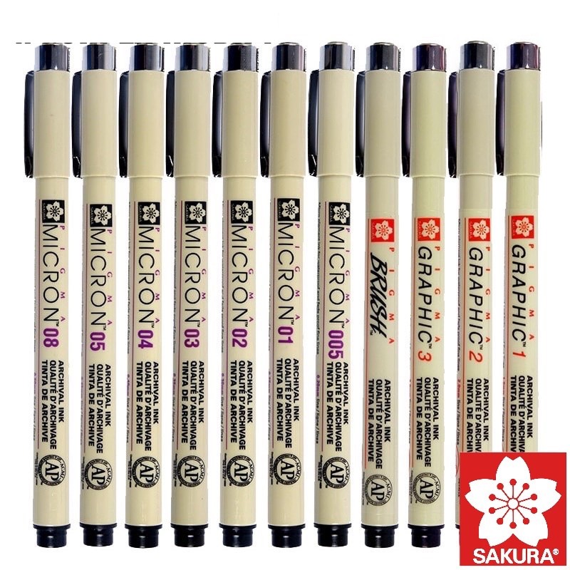 SAKURA PIGMA ปากกาตัดเส้นงานศิลปะ Japan กันน้ำได้ รุ่น Micron, Graphic, Brush ตัดเส้นกันพลา กันดั้ม