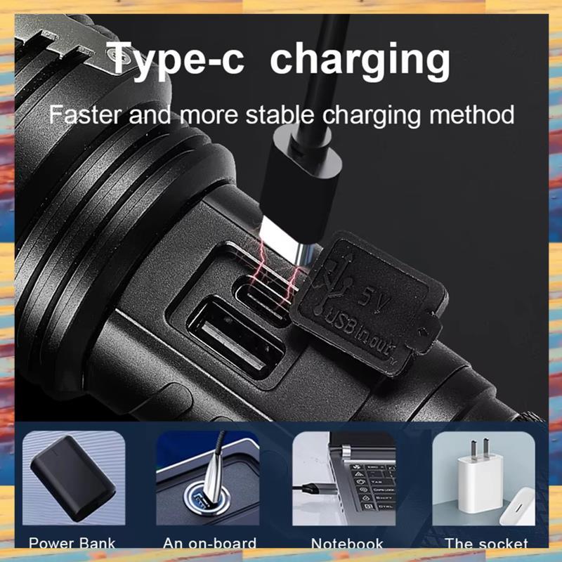 ไฟฉาย LED XHP360 2025 พร้อมชาร์จ USB และใช้แบตเตอรี่ 26650 มีประสิทธิภาพสูง