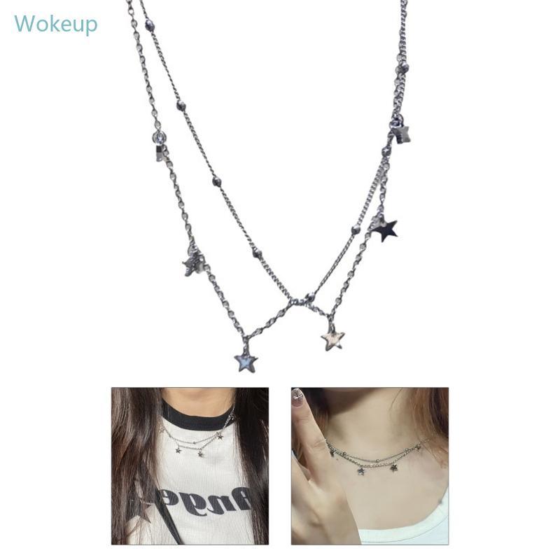 WOKE Y2K Star Necklace Double Layer Five-pointed Star Necklace Pendant Choker