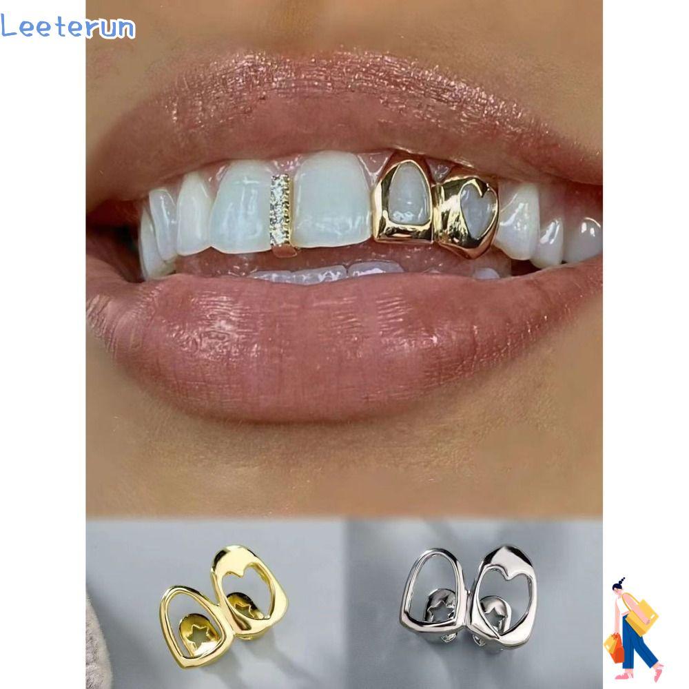 LEETERUN Grillz, Shiny Gold สี Hip Hop Tooth Grillz, Double Heart Hollow Heart ทองแดงฟันหมวกฟันเครื่