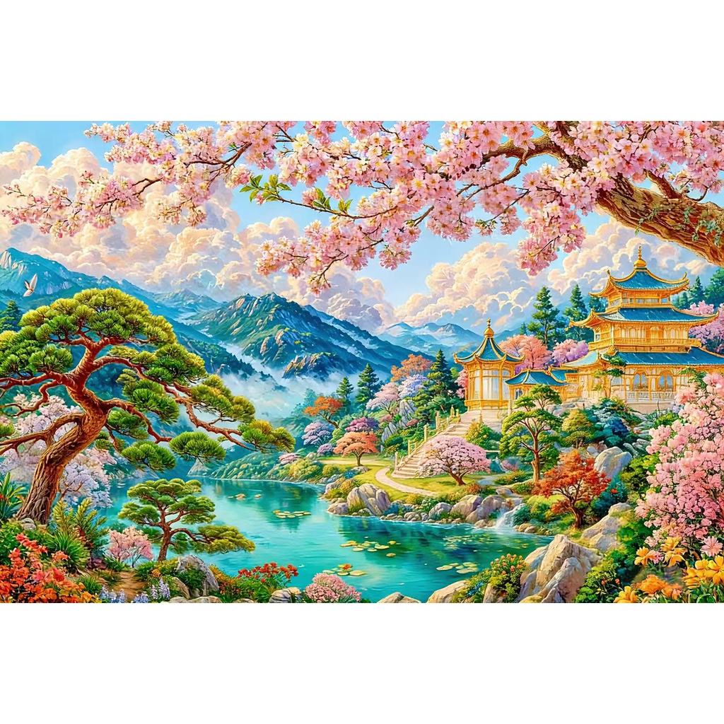 【105×70cm-11CT】JinXuan ใหม่ข้ามปักภูเขาพีชดอกไม้โรแมนติกภูมิทัศน์ที่สวยงามพิมพ์เย็บปักถักร้อยมือ
