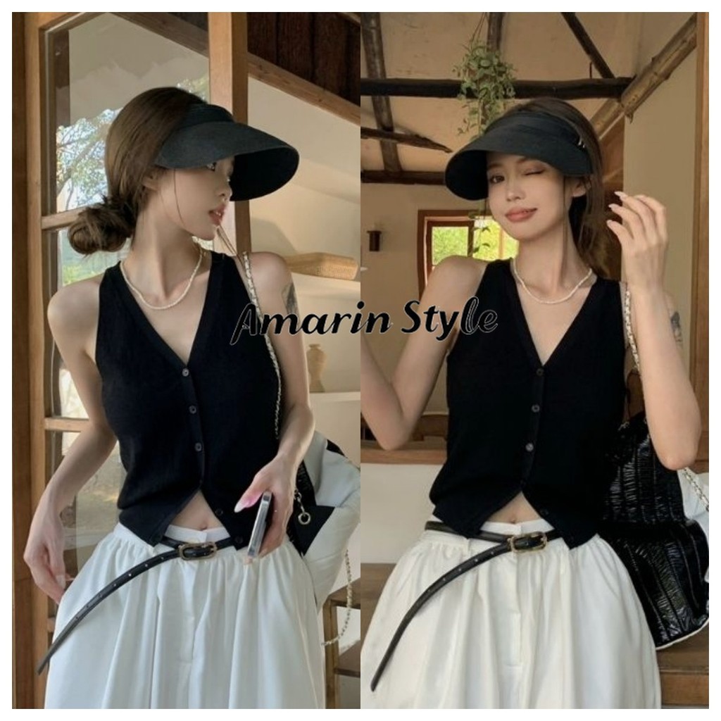 Amarin🌸พร้อมส่ง🌸  เสื้อกล้ามคอวีแขนกุด ไหมพรมมินิมอล ใส่สบาย น่ารัก ไซส์พอดีตัว 05016