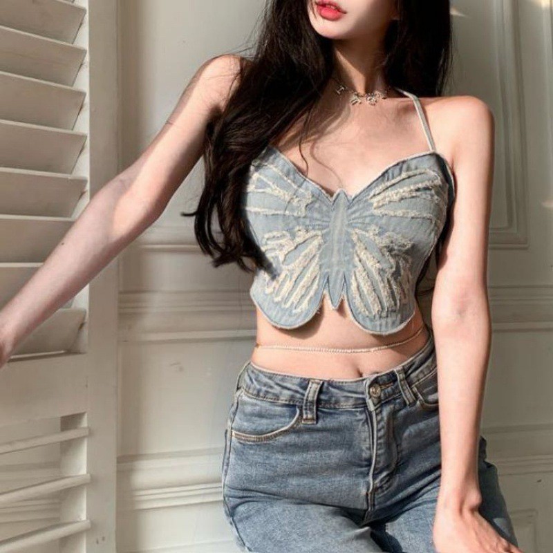 Slimmer ดู Camisole การออกแบบผีเสื้อ Halterneck สายคล้องคอผู้หญิง Slim-fit Retro หวานเผ็ดสไตล์เสื้อผ