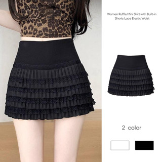 กระโปรงสั้นนัวเนียผู้หญิงพร้อมกางเกงขาสั้นในตัวลูกไม้เอวยางย…