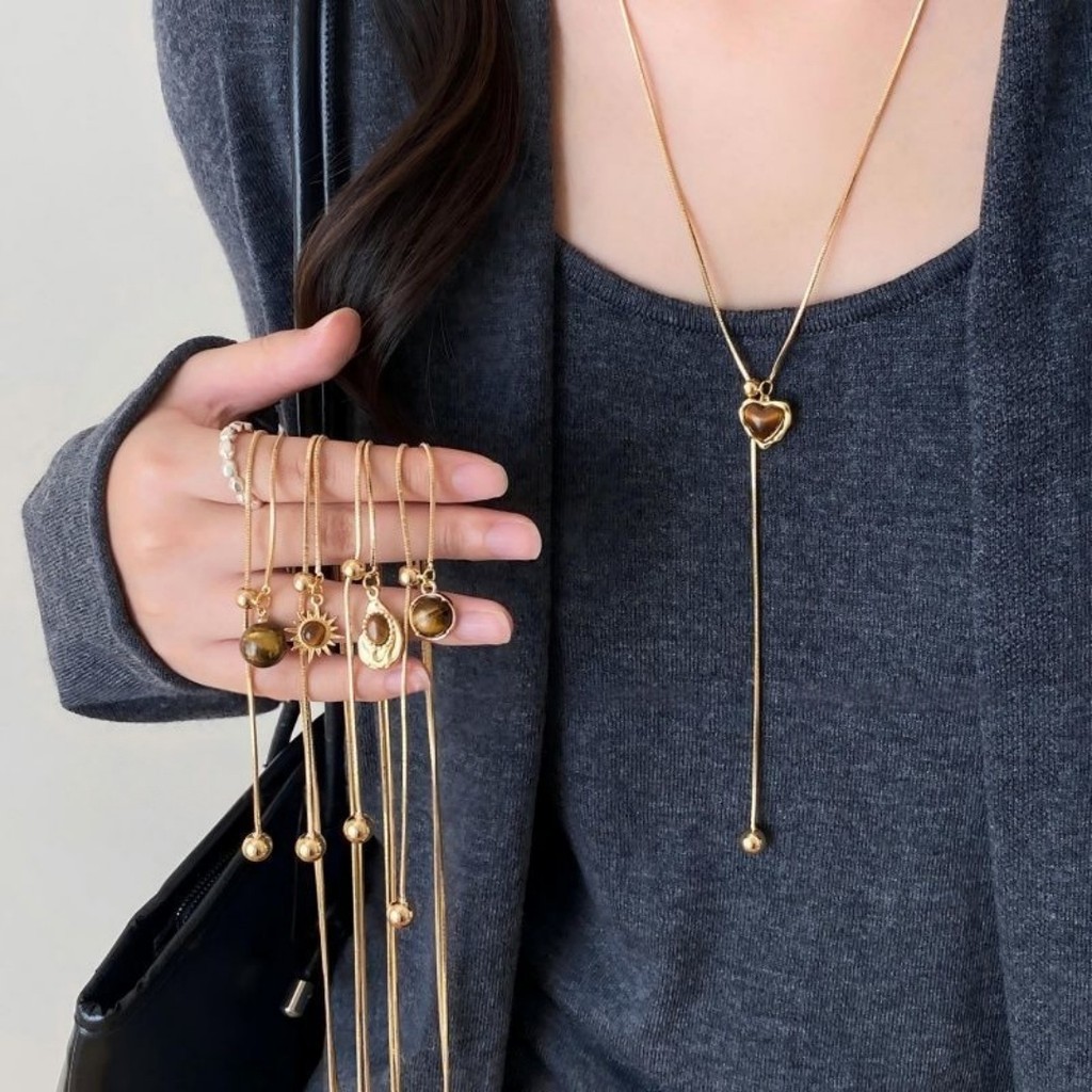 Girls All-match Alloy Tigers Eye Heart Sunflower Pullable Pendant Necklace