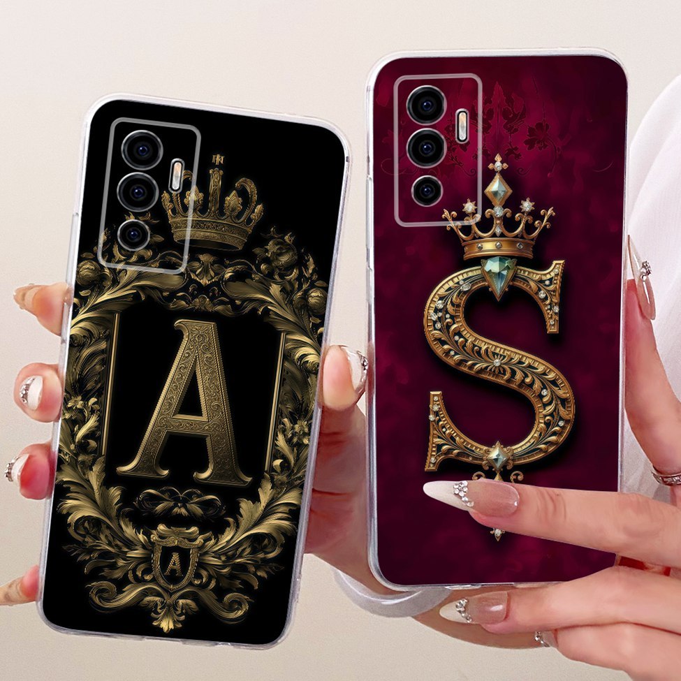 Vivo V23e 4G ฝาครอบ Vivo V23e 5G V2126 กรณีโปร่งใสหรูหรา Crown AZ ตัวอักษร 2D รูปแบบแบนเคสโทรศัพท์แบ