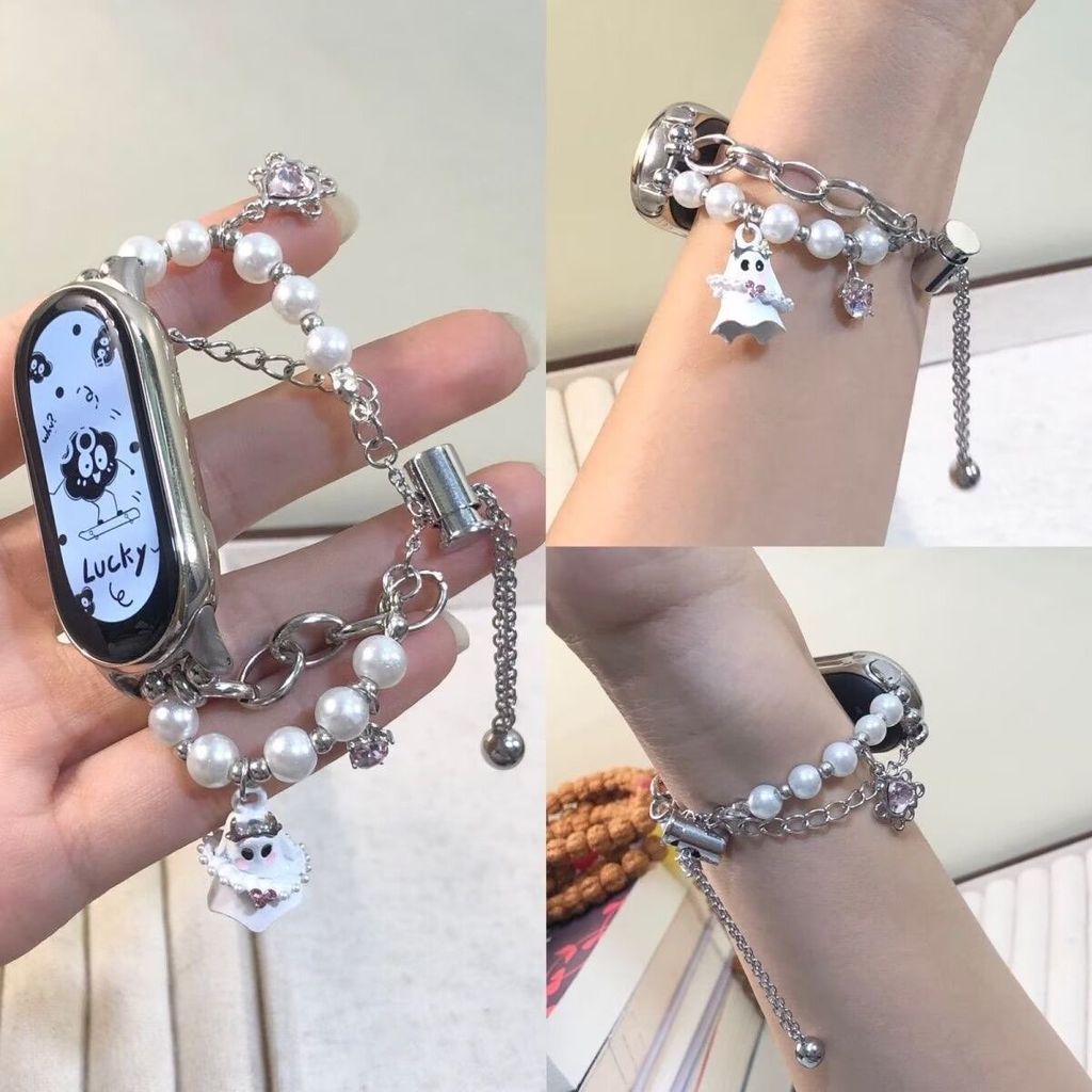น่ารัก Ghost Pearl Chain สายนาฬิกาสําหรับ Xiaomi NFC 10 9 8 Pro 7 6 5 สบายเชือกยืดหยุ่นสุภาพสตรีสายรัดข้อมือสําหรับ HW Fit 3 4 Pro Redmi นาฬิกา 5 4
