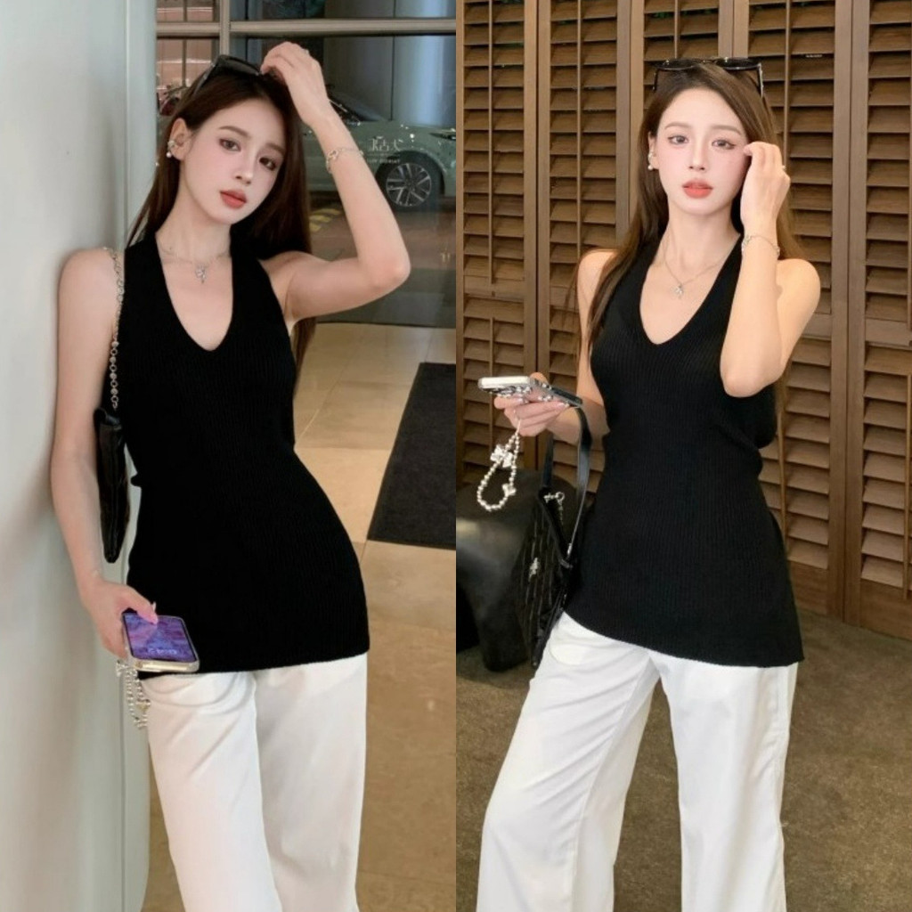 💖Miqi💖เสื้อกล้าม ไหมพรม คอวี สีพื้น เปิดหลัง เข้ารูป เสื้อแขนกุด เกาหลี แฟชั่น เซ็กซี่#R28