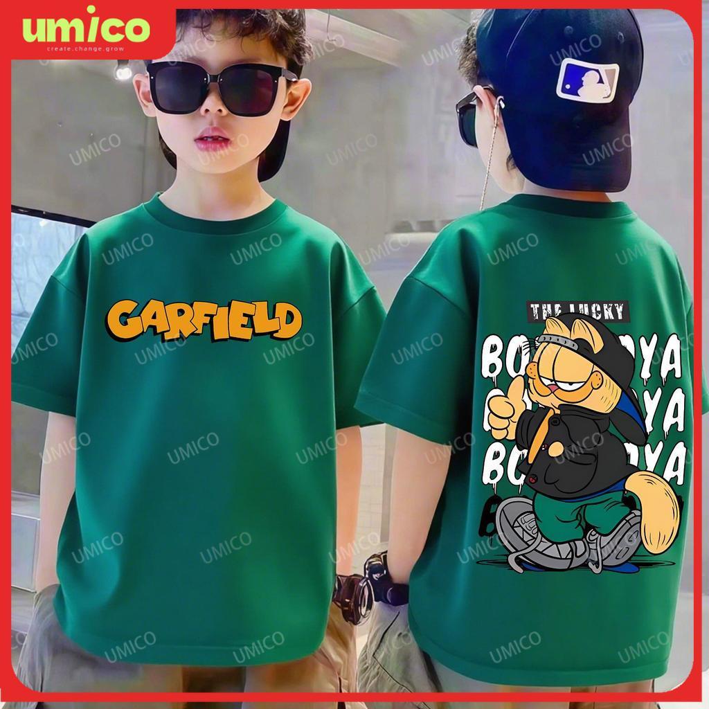 UMICO baju budak Garfield เด็กแขนสั้นเสื้อยืด Universal ผ้าฝ้ายแท้รอบคอสําหรับ 3-13 Yrs