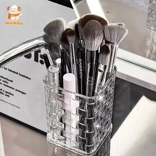 กระบอกใส่แปรงแต่งหน้า ลายขอบหยัก แก้วใส ดีไซน์เรียบ วางโต๊ะ เก็บเครื่องประดับ