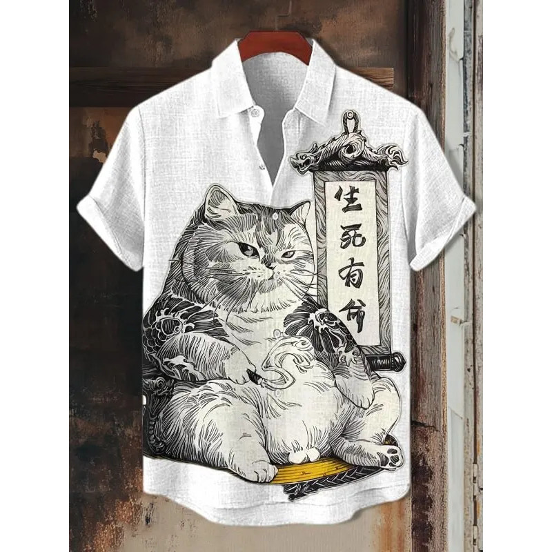 เสื้อฮาวายแขนสั้นสำหรับผู้ชาย ดีไซน์ลายแมวดำแบบญี่ปุ่น สไตล์แฟชั่นและขนาดใหญ่