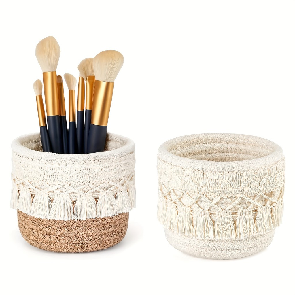 Boho Chic Macrame ผู้ถือแปรงแต่งหน้าพับผ้าฝ้ายสําหรับเครื่องสําอางค์แปรงปากกาและอุปกรณ์