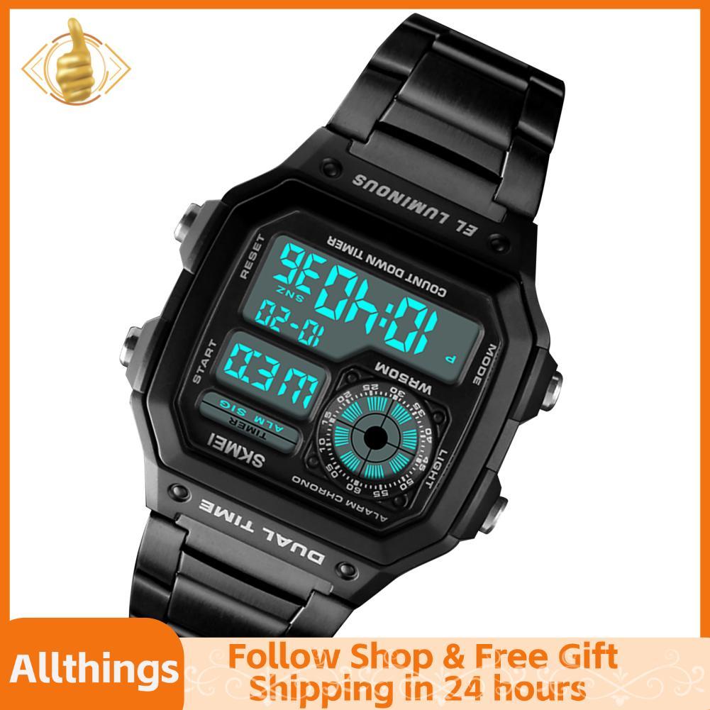 Allthingss Allthingss ZJchao Sport สแตนเลสนาฬิกาผู้ชาย Water Digital Backlight นาฬิกาข้อมือโครโนกราฟ