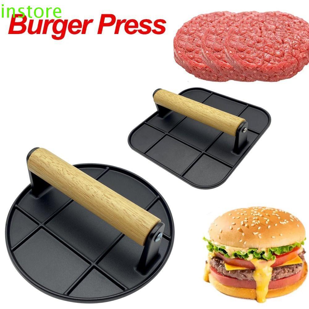 INSTORE กดเบอร์เกอร์ด้ามไม้ทําความสะอาดง่าย Patty Smasher, Professional Non-Stick Anti-Scald Cast Ir