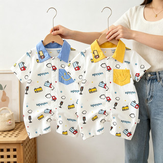ชุดเสื้อโปโลแขนสั้นและชุดจั๊มสูทน่ารักลายการ์ตูน สำหรับเด็กชายและเด็กหญิง อายุ 0-28 เดือน