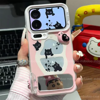 IMD Hard เคส for VIVO V70 V60 V50 V40 Lite V40E V30E V29E V27E S1 V30 Pro V29 V27 V25 5G V25E V23E V23 V20 V21E 4G Y200 Y100 X100 X90S X90 X80 Y78 Y27 Y36 S12 Korean-style Cartoon Cute Pink 3D Cat Paw Heart Makeup Mirror Stand Phone Case YKC 119