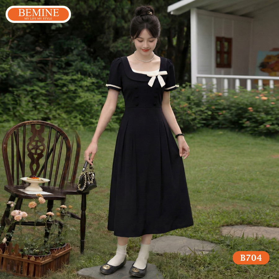 BEMINE เดรสดีไซน์คอเหลี่ยมและชายโบว์ทรงเอเหมาะสําหรับออกไป-B704