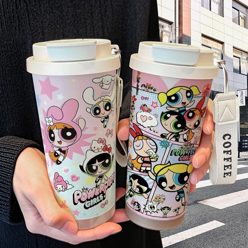 ((HOT) Powerpuff Girls Assembled Thermos Cup หลอดสแตนเลสถ้วยดื่มคู่ 520L ถ้วยกาแฟความจุขนาดใหญ่