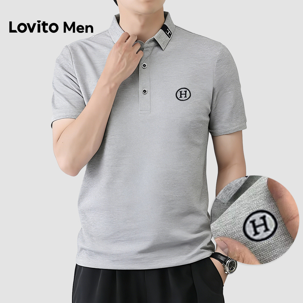 Lovito Men  เสื้อโปโลลําลองผู้ชาย สีเทาอ่อน เย็บปักถักร้อย กระดุม สไตล์สปริง/ฤดูร้อน LNE142511