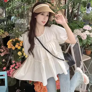 เสื้อเชิ้ตแขนตุ๊กตา ทรงเค้กหลวมๆใส่สบาย ปิดหน้าท้องได้ดี แฟชั่นฤดูร้อนสไตล์เกาหลี-พร้อมส่งจากไทย-รุ่นW630