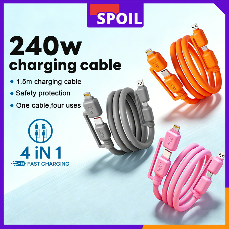 SOPIL COD สายชาร์จ 4-in-1 240W ความเร็วสูง 1.5เมตร USB-A/Type-C to Lightning/Type-C สายซิลิโคนเหลว