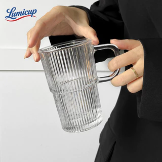 แก้วแก้วใสมีหูจับ 420ml แก้วกาแฟลายริ้ว วางซ้อนกันได้ สไตล์มินิมอล แก้วชา/นม/น้ำผลไม้ ถ่ายรูปสวย
