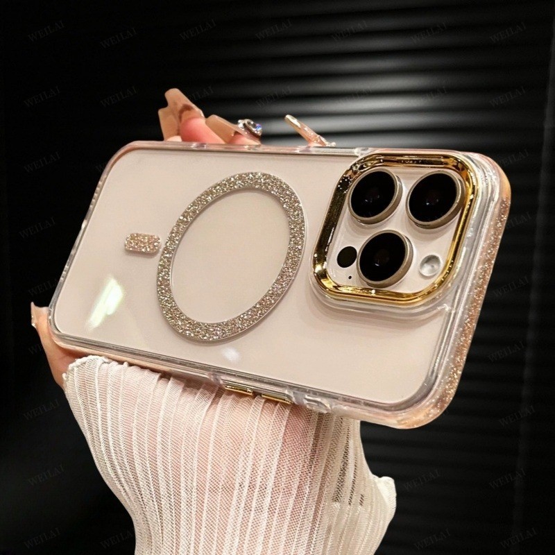 ด้านข้างพร้อมแวววาว/โปร่งใสอะคริลิค Hard Case/GoldMagnetic เข้ากันได้กับ IPhone 11 12 13 14 15 16 Pro Max เคสกันกระแทก