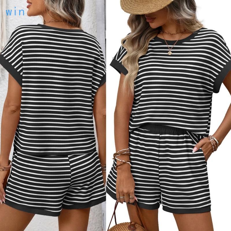 Win 2 Lounge Sets Crew Neck T-Shirt Shorts Cap Sleeve Sweatsuits with Pockets