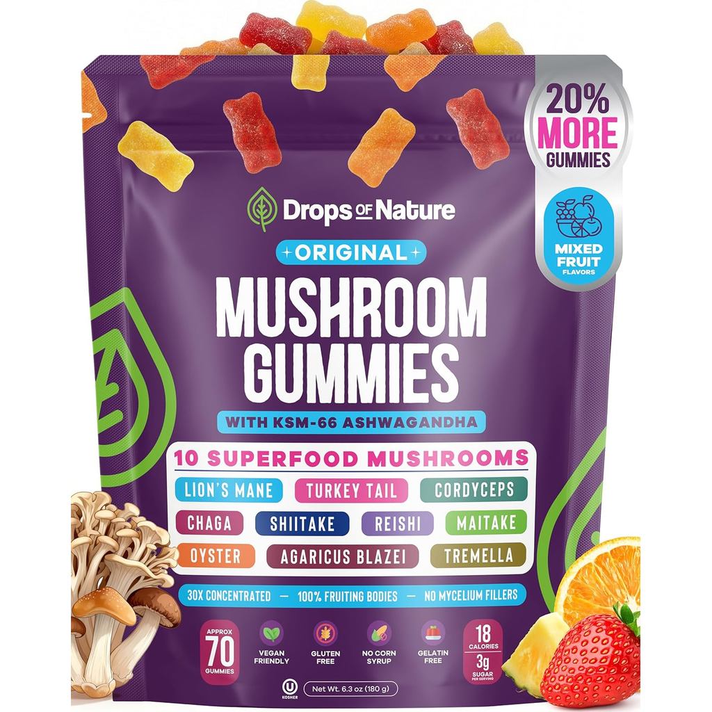 DropsOfNatureMushroomGummies10-in-1withK-66Ashwagandha–sManeTurkeyTailCordycepsScarticleTremellaOyst