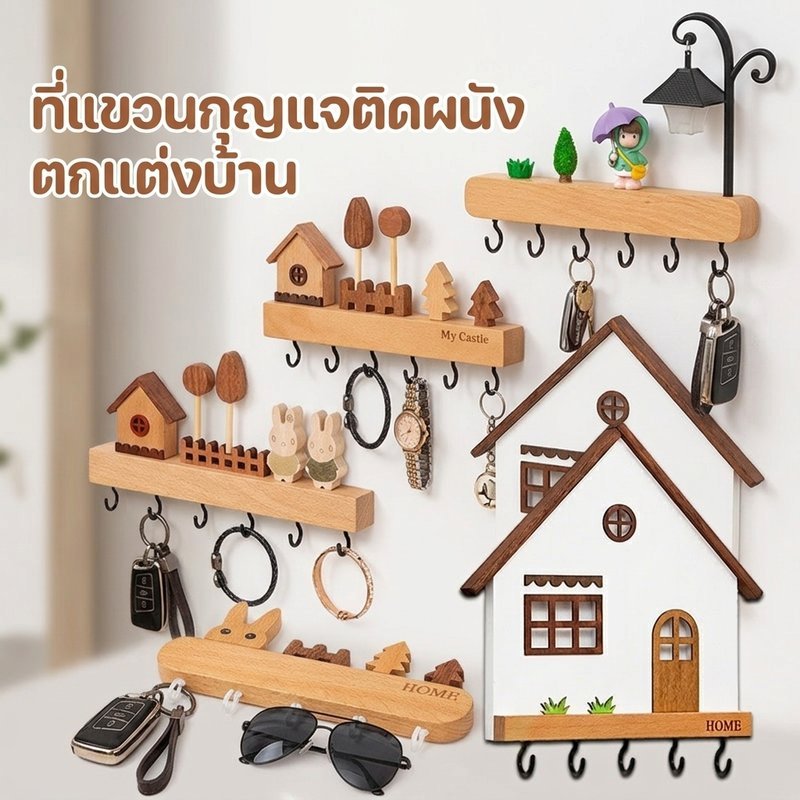 ผู้ถือกุญแจไม้ Wall Hook Rack ไม่มีเจาะ Self กาว Entryway Home Decor Bunny Organizer